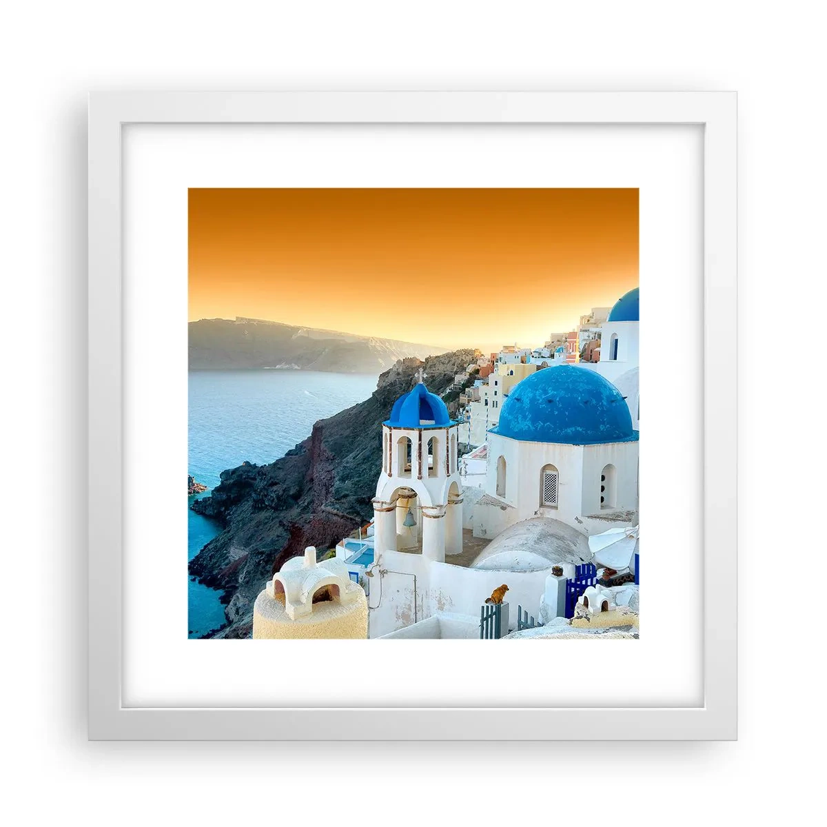 Plakat w białej ramie - Santorini - przytulone do skał - 30x30 cm