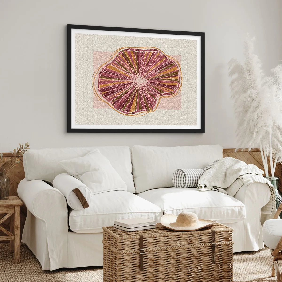 Plakat w czarnej ramie - Abstrakcyjny wzór plastra drzewa w różowych odcieniach - 70x50cm - Abstrakcja promienista - Nowoczesna dekoracja ścienna do salonu i sypialni ARTTOR