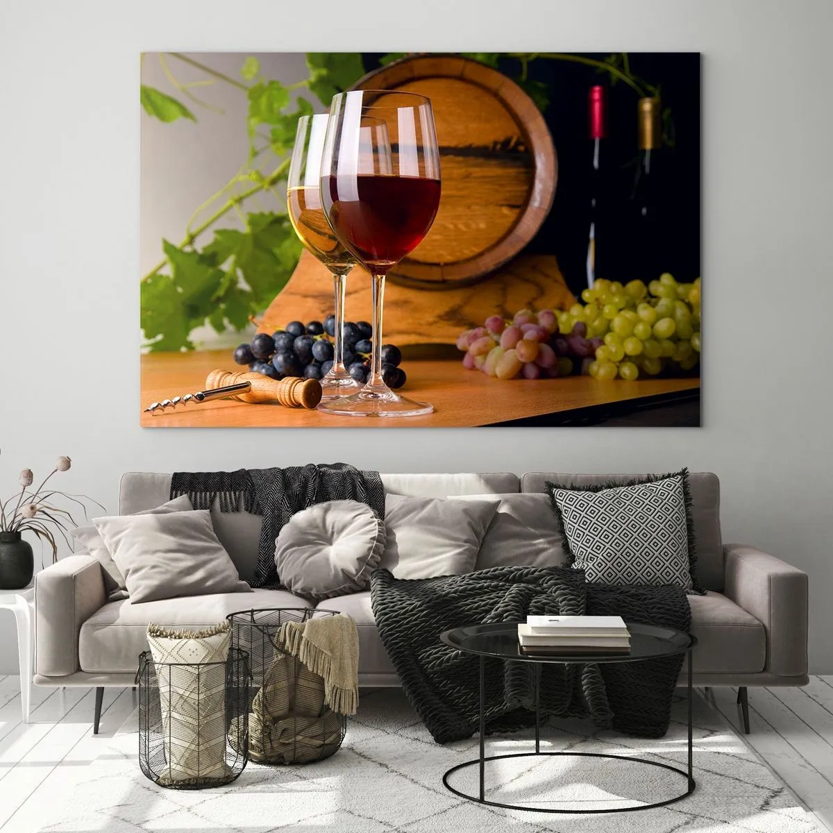 Obraz na szkle - Kieliszki wina, winogrona i beczka na tle liści winorośli - 70x50cm - Jak u starych mistrzów - Nowoczesna dekoracja ścienna do salonu i sypialni ARTTOR