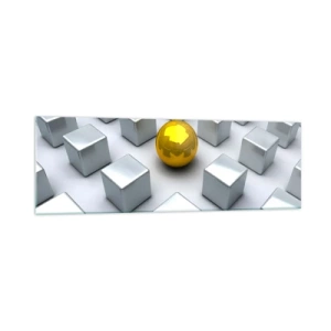 Obraz na szkle - Złota kula wyróżniająca się wśród srebrnych sześcianów - 160x50cm - Dlaczego ja? Kompozycja geometryczna - Nowoczesna dekoracja ścienna do salonu i sypialni ARTTOR