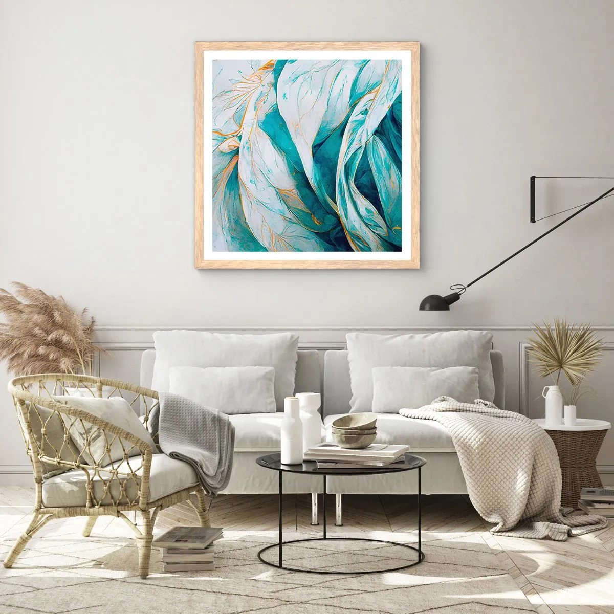 Plakat w ramie jasny dąb - Błękitna abstrakcja z motywem złota - 40x40 cm