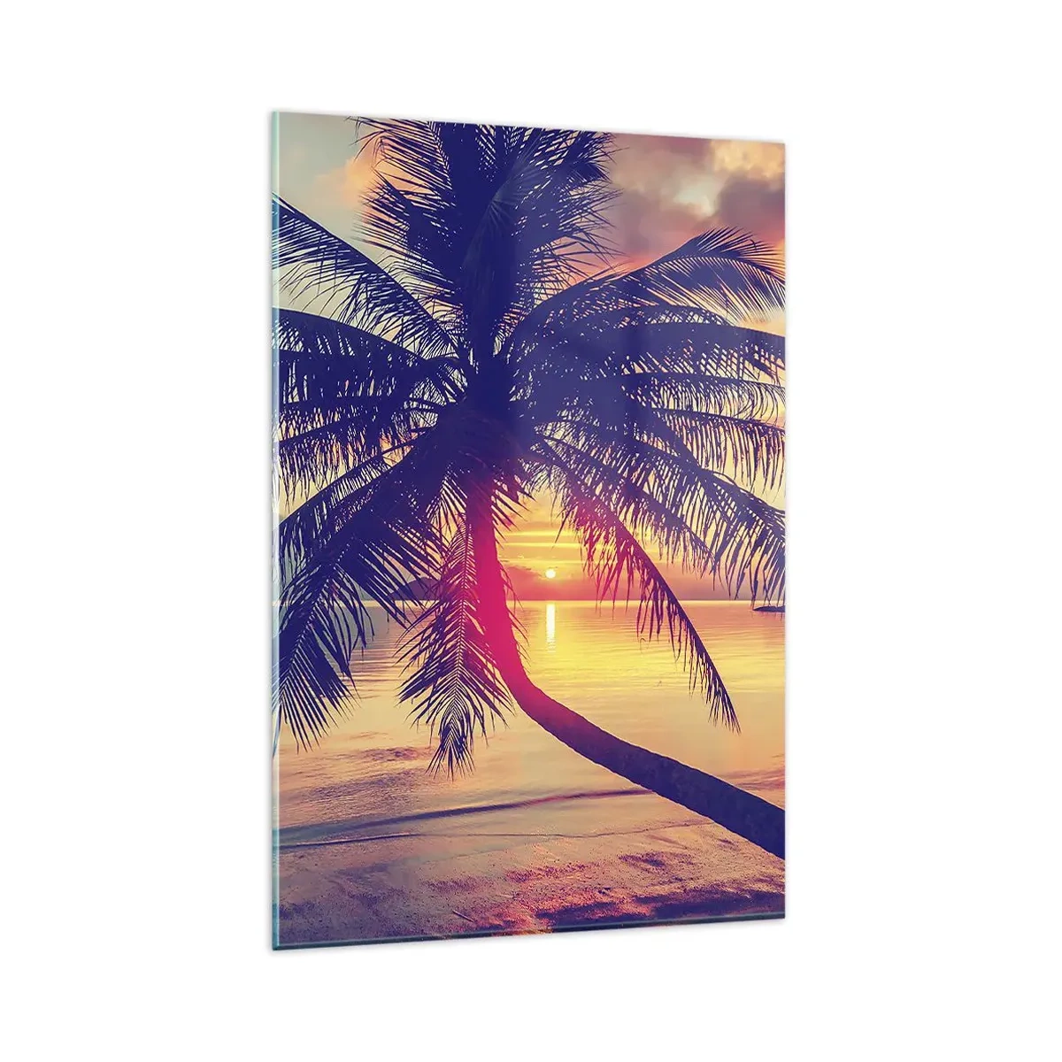 Obraz na szkle - Zachód słońca z palmą nad spokojnym brzegiem - 80x120cm - Wieczór pod palmami - Nowoczesna dekoracja ścienna do salonu i sypialni ARTTOR