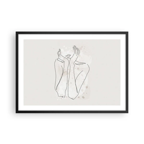 Plakat w czarnej ramie - Linia konturowa przedstawiająca kobiece dłonie na jasnym tle - 70x50cm - Rozmarzona chwila - Nowoczesna dekoracja ścienna do salonu i sypialni ARTTOR