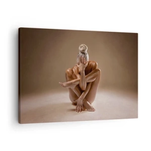 Obraz na płótnie - Artystyczna sylwetka kobiety na beżowym tle - 70x50cm - Jedność ciała i ducha - Nowoczesna dekoracja ścienna do salonu i sypialni ARTTOR