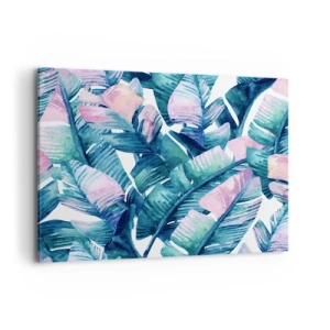 Obraz na płótnie - Liście bananowca w odcieniach niebieskiego i różowego - 100x70cm - W bananowym gaju - Nowoczesna dekoracja ścienna do salonu, kuchni i sypialni ARTTOR