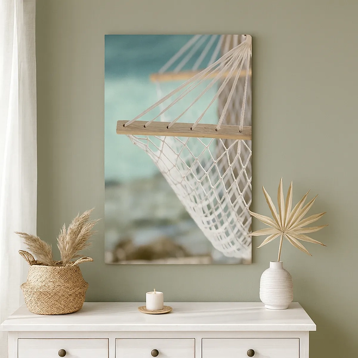 Obraz na płótnie - Biały hamak nad turkusowym morzem - 50x70cm - Czas relaksu - Nowoczesna dekoracja ścienna do salonu, kuchni i sypialni ARTTOR