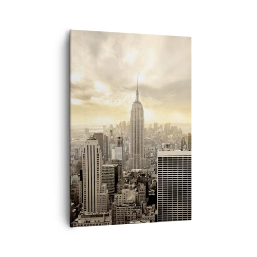 Obraz na płótnie - Panorama miasta z widokiem na Empire State Building - 70x100cm - Nowy Jork utkany z szarości - Nowoczesna dekoracja ścienna do salonu i sypialni ARTTOR