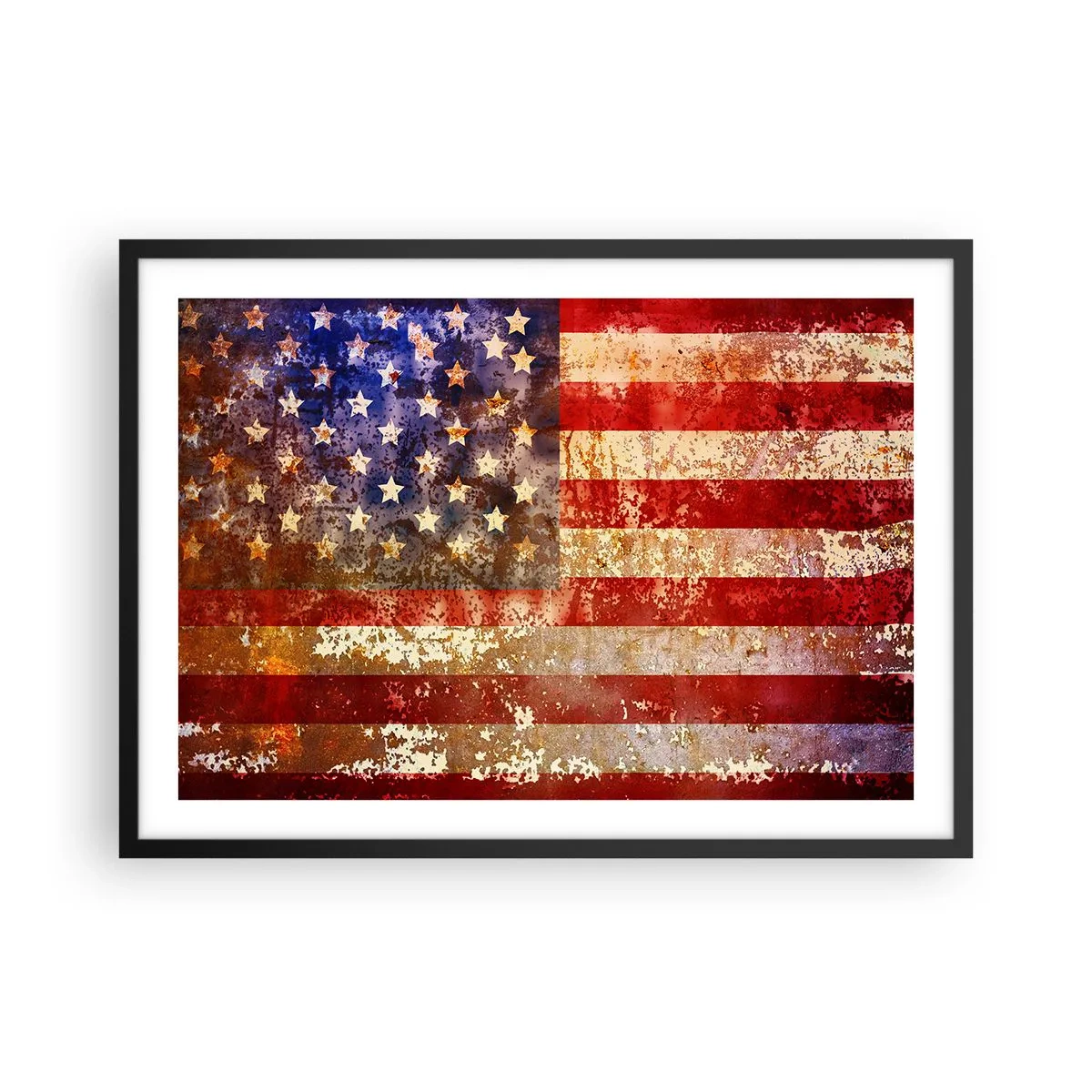 Plakat w czarnej ramie - Stylizowana flaga USA z efektem postarzenia - 70x50cm - Chwała nie przemija - Nowoczesna dekoracja ścienna do salonu i sypialni ARTTOR
