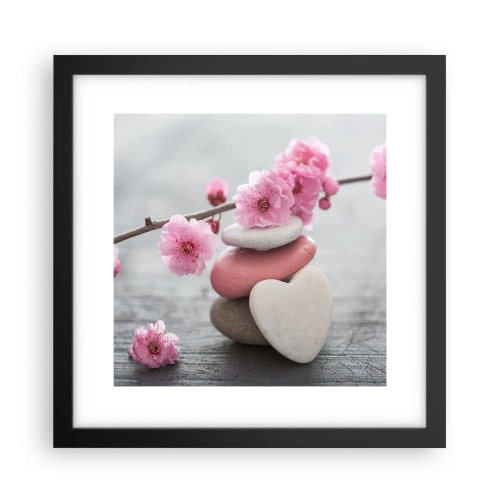 Plakat w czarnej ramie - Błogość z kwiatem wiśni - 30x30 cm