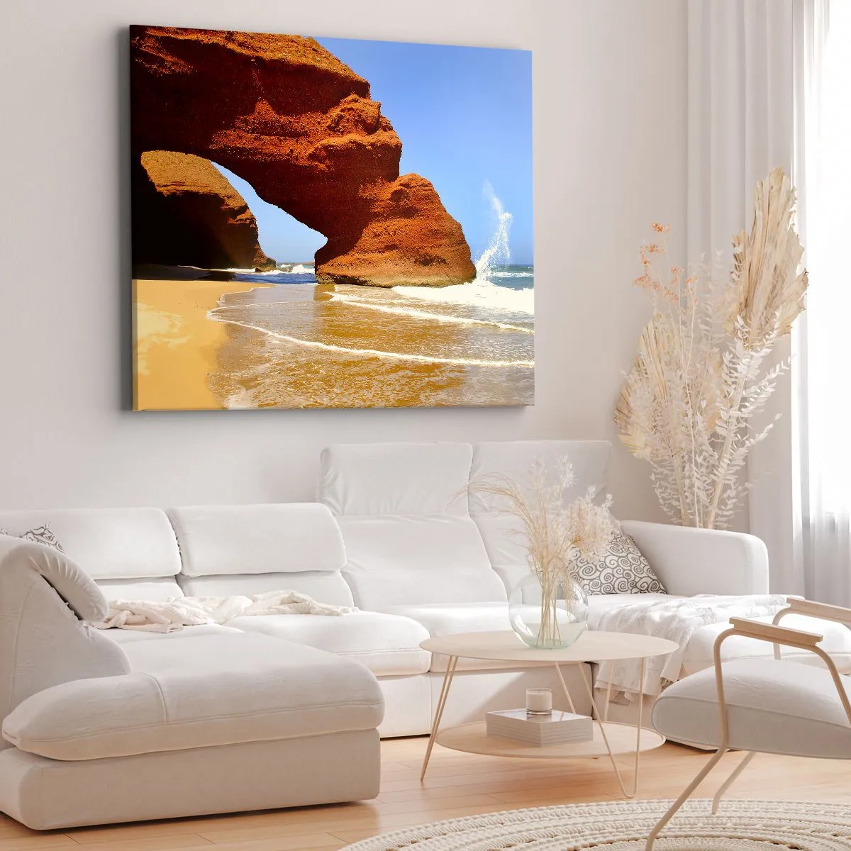 Obraz na płótnie - Naturalny łuk skalny na plaży z błękitnym niebem i falami - 100x70cm - Woda i wiatr przez tysiące lat - Nowoczesna dekoracja ścienna do salonu, kuchni i sypialni ARTTOR