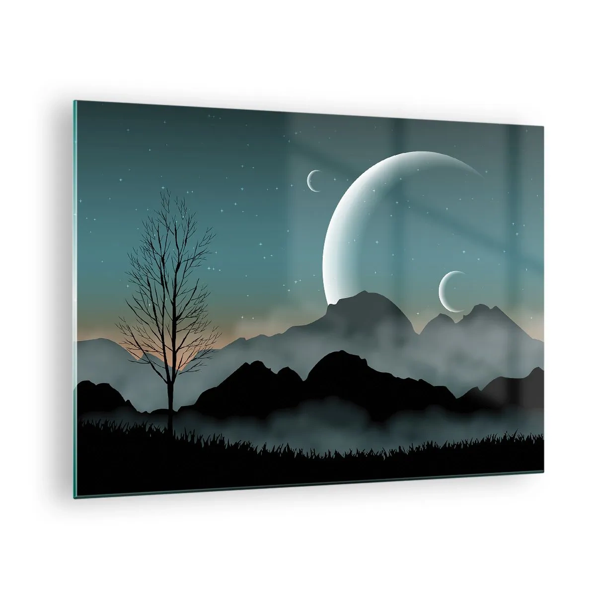 Obraz na szkle - Księżyce nad górami z samotnym drzewem i gwiazdami - 70x50cm - Karnawał gwiaździstej nocy - Nowoczesna dekoracja ścienna do salonu i sypialni ARTTOR