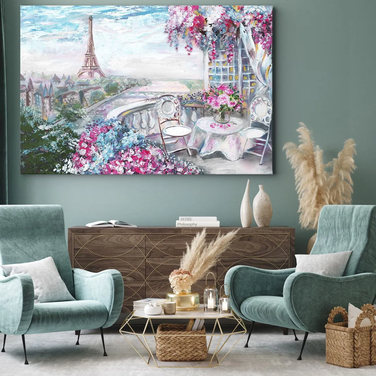 Obraz na płótnie - Romantyczny widok na Paryż z wieżą Eiffla i balkonem pełnym kwiatów - 70x50cm - Najpiękniej tu w maju - Nowoczesna dekoracja ścienna do salonu i sypialni ARTTOR