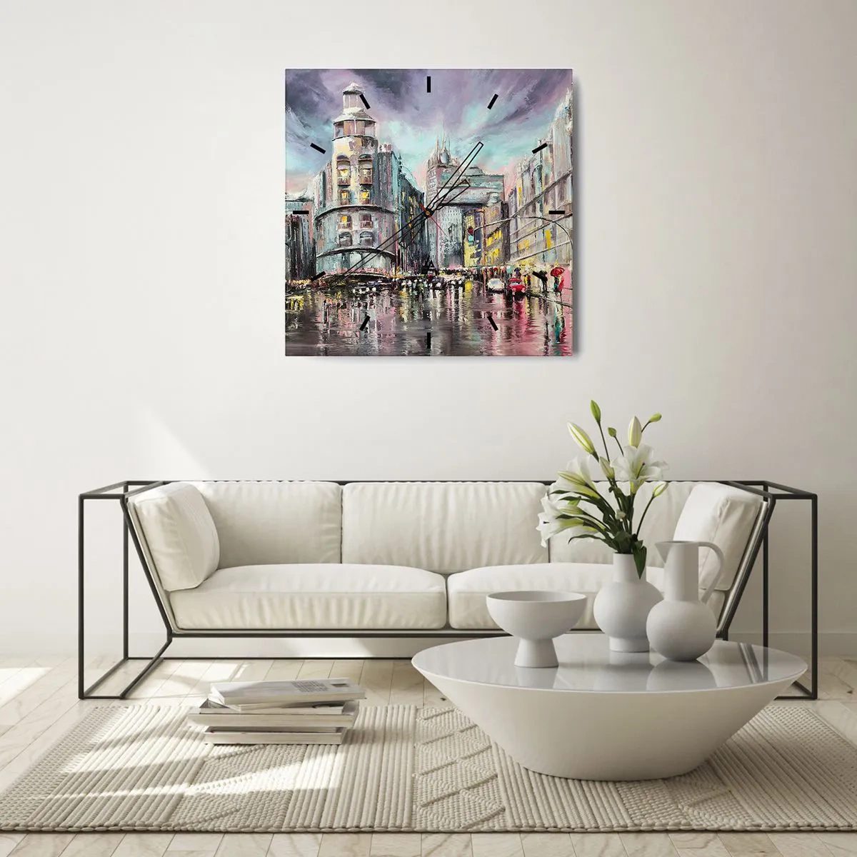 Zegar ścienny - Wieczorny widok na miasto z odbiciami na mokrej ulicy - 30x30cm - To będzie udany wieczór - Nowoczesna dekoracja ścienna do salonu i sypialni ARTTOR