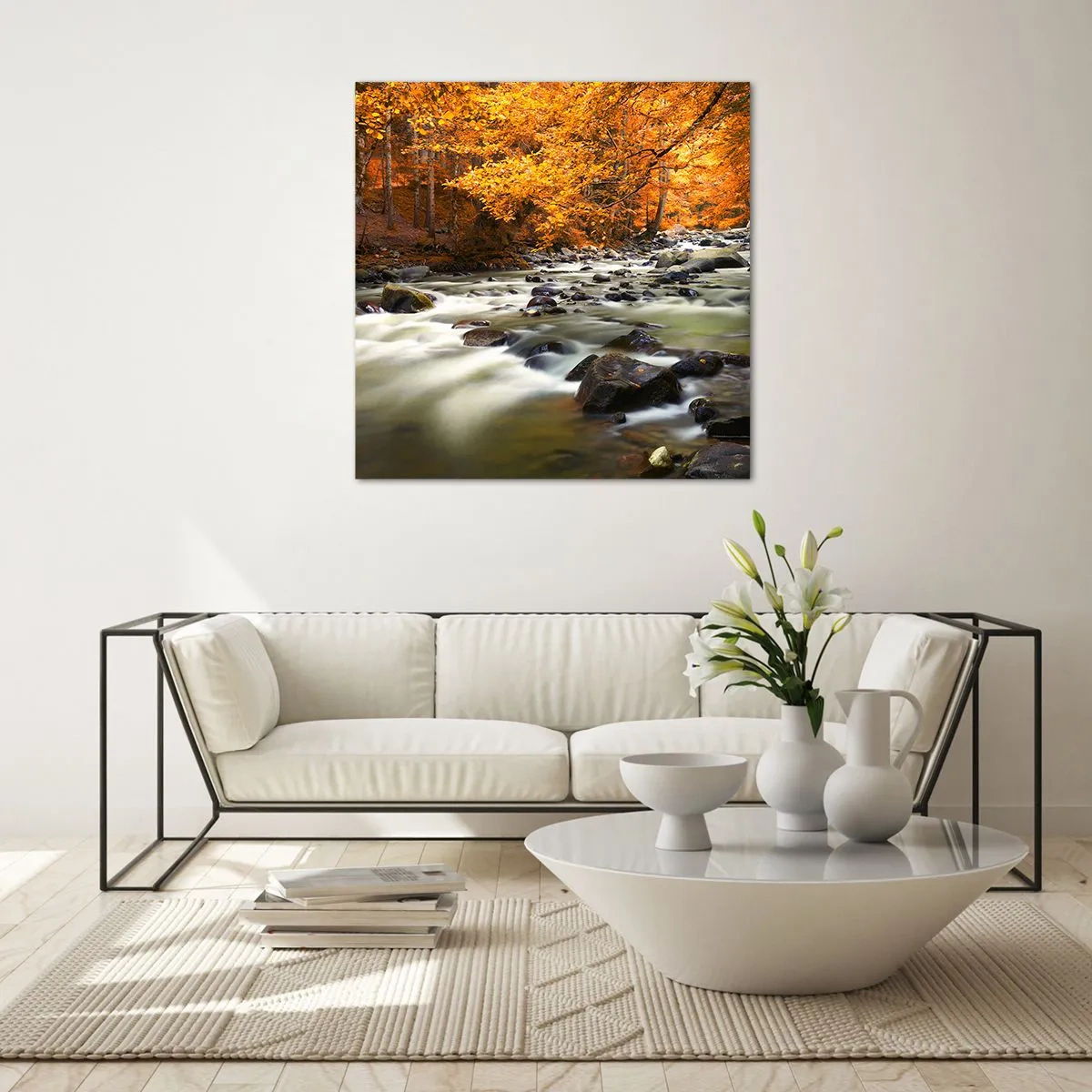 Obraz na szkle - Potok w złotym lesie - 50x50 cm