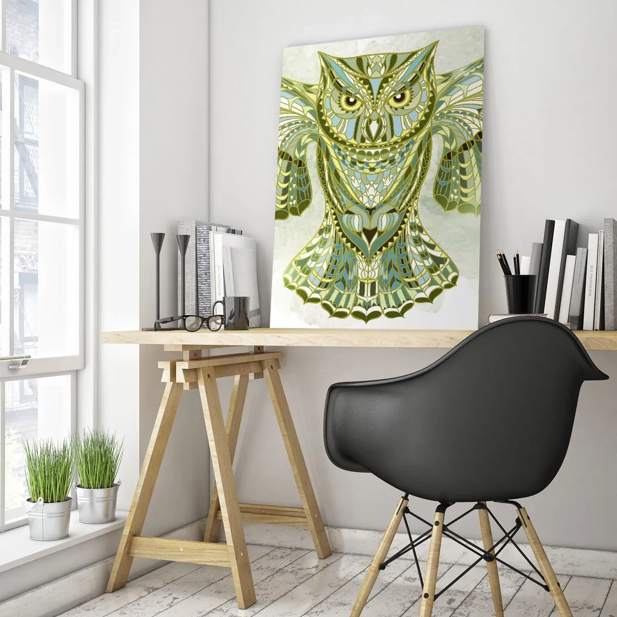 Obraz na szkle - Niebieska sowa z rozpostartymi skrzydłami w stylu geometrycznym - 50x70cm - Z celtyckiego świętego gaju - Nowoczesna dekoracja ścienna do salonu, kuchni i sypialni ARTTOR