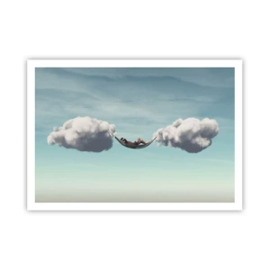 Plakat - Osoba relaksująca się w hamaku zawieszonym na chmurach - 100x70cm - Błogość chwili - Nowoczesna dekoracja ścienna do salonu i sypialni ARTTOR