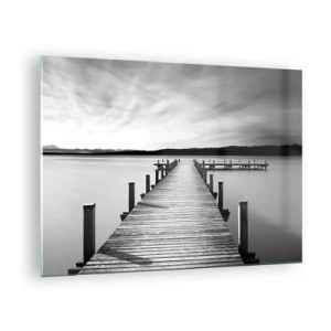Obraz na szkle - Drewniany pomost prowadzący w dal po spokojnym jeziorze - 70x50cm - U wodopoju – spokoju - Nowoczesna dekoracja ścienna do salonu i sypialni ARTTOR