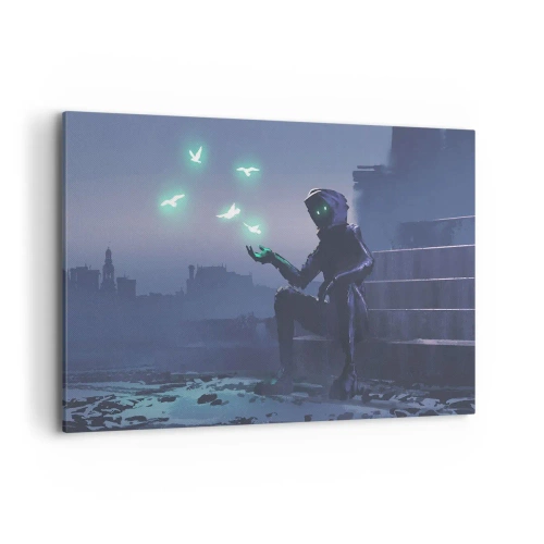 Obraz na płótnie - Postać w kapturze z magicznymi ptakami na tle miasta - 120x80cm - Życie powróci - Nowoczesna dekoracja ścienna do salonu, kuchni i sypialni ARTTOR