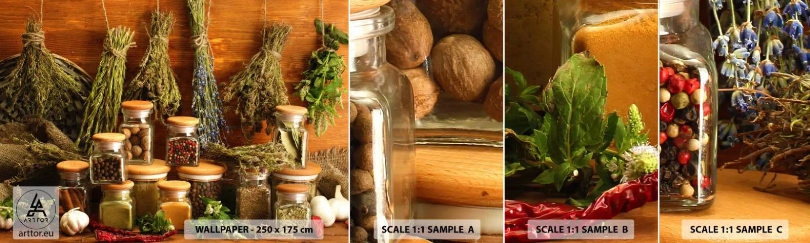 Fototapeta Próbka Standard Eco - Kuchenne czary - Gastronomia, Suszone Zioła, Przyprawy - 100x30 cm