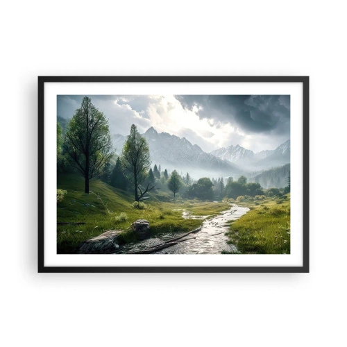 Plakat w czarnej ramie - Górski krajobraz z rzeką i drzewami w otoczeniu mglistych gór - 70x50cm - Tam i z powrotem - Nowoczesna dekoracja ścienna do salonu i sypialni ARTTOR