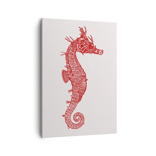 Obraz na płótnie - Czerwony rysunek konika morskiego na jasnym tle - 50x70cm - Misterne stworzenie - Nowoczesna dekoracja ścienna do salonu, kuchni i sypialni ARTTOR