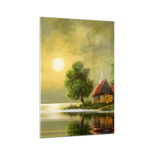 Obraz na szkle - Dom nad jeziorem w świetle zachodzącego słońca - 70x100cm - Pięknie, jak z obrazka - Nowoczesna dekoracja ścienna do salonu i sypialni ARTTOR