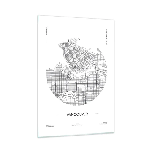 Obraz na szkle - Mapa Vancouver z układem ulic w czarno-białym stylu - 50x70cm - Anatomia Vancouver - Nowoczesna dekoracja ścienna do salonu, kuchni i sypialni ARTTOR