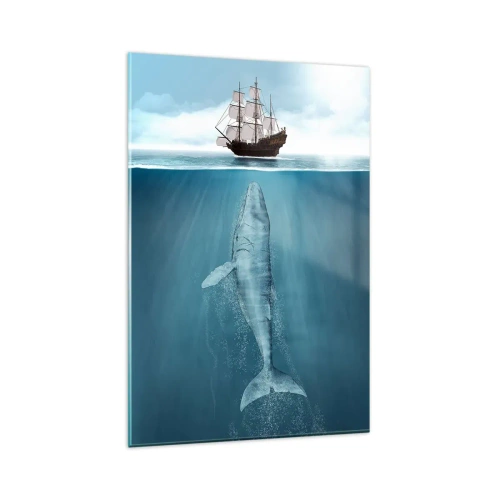 Obraz na szkle - Statek żaglowy na powierzchni oceanu, pod nim zanurzony wieloryb - 80x120cm - Lepiej nie wiedzieć - Nowoczesna dekoracja ścienna do salonu i sypialni ARTTOR