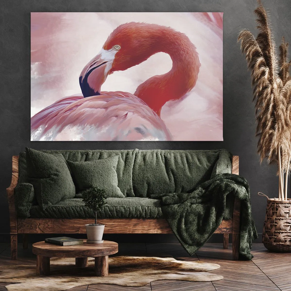 Obraz na płótnie - Flaming w różowej tonacji na jasnym tle - 70x50cm - Ptasia uroda - Nowoczesna dekoracja ścienna do salonu i sypialni ARTTOR