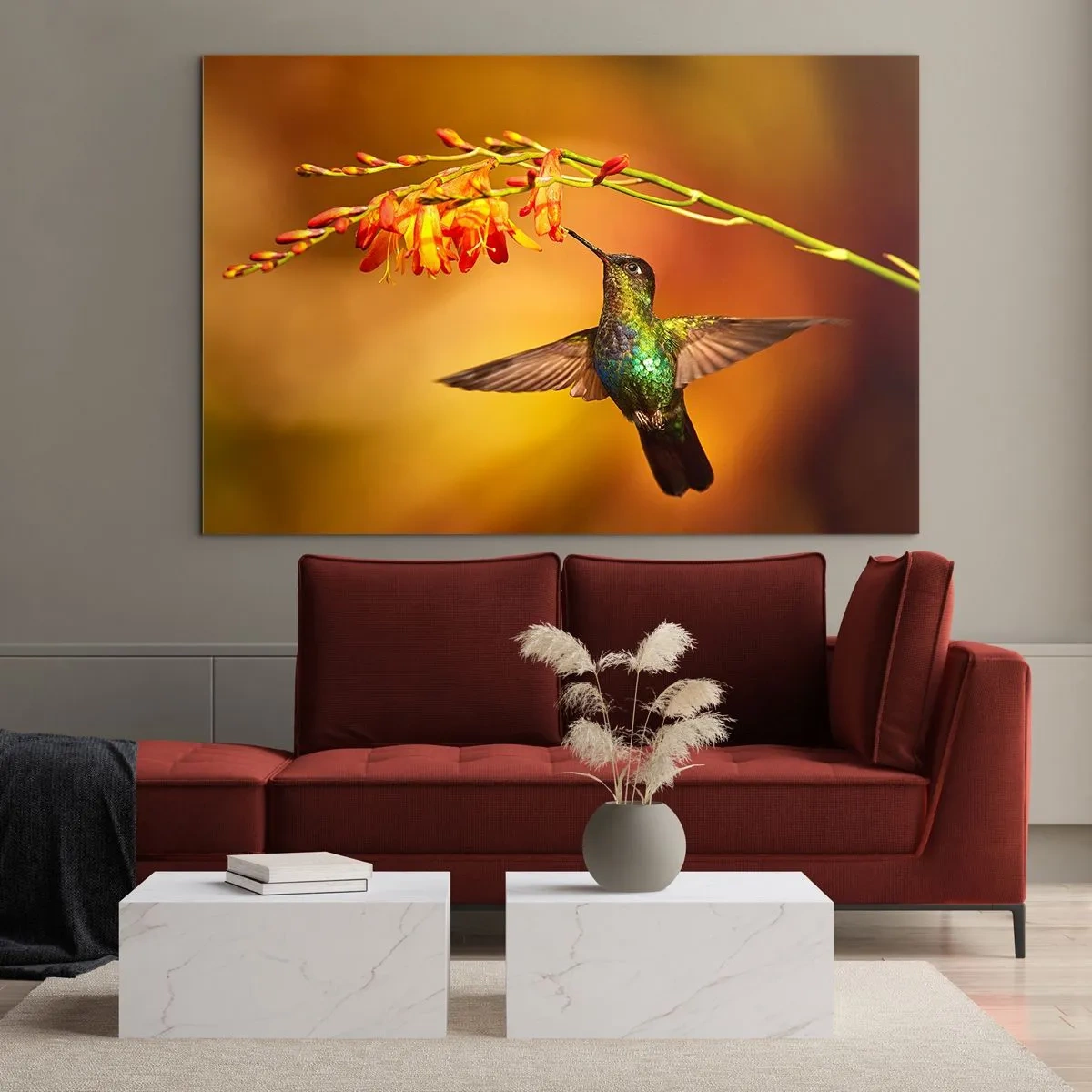 Obraz na szkle - Koliber przy kwiatach w złotej poświacie - 70x50cm - Posłaniec światła wg Majów - Nowoczesna dekoracja ścienna do salonu i sypialni ARTTOR