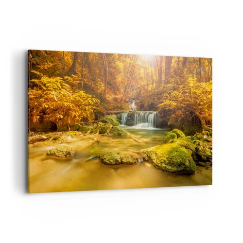 Obraz na płótnie - Złocisty wodospad w jesiennym lesie otoczony zielenią - 100x70cm - Leśna kaskada w złocie - Nowoczesna dekoracja ścienna do salonu, kuchni i sypialni ARTTOR