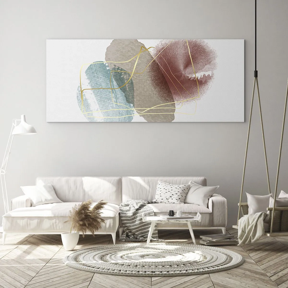 Obraz na szkle - Abstrakcyjne formy z delikatnymi kolorami i złotymi liniami - 120x50cm - Korale przestrzeni - Nowoczesna dekoracja ścienna do salonu i sypialni ARTTOR