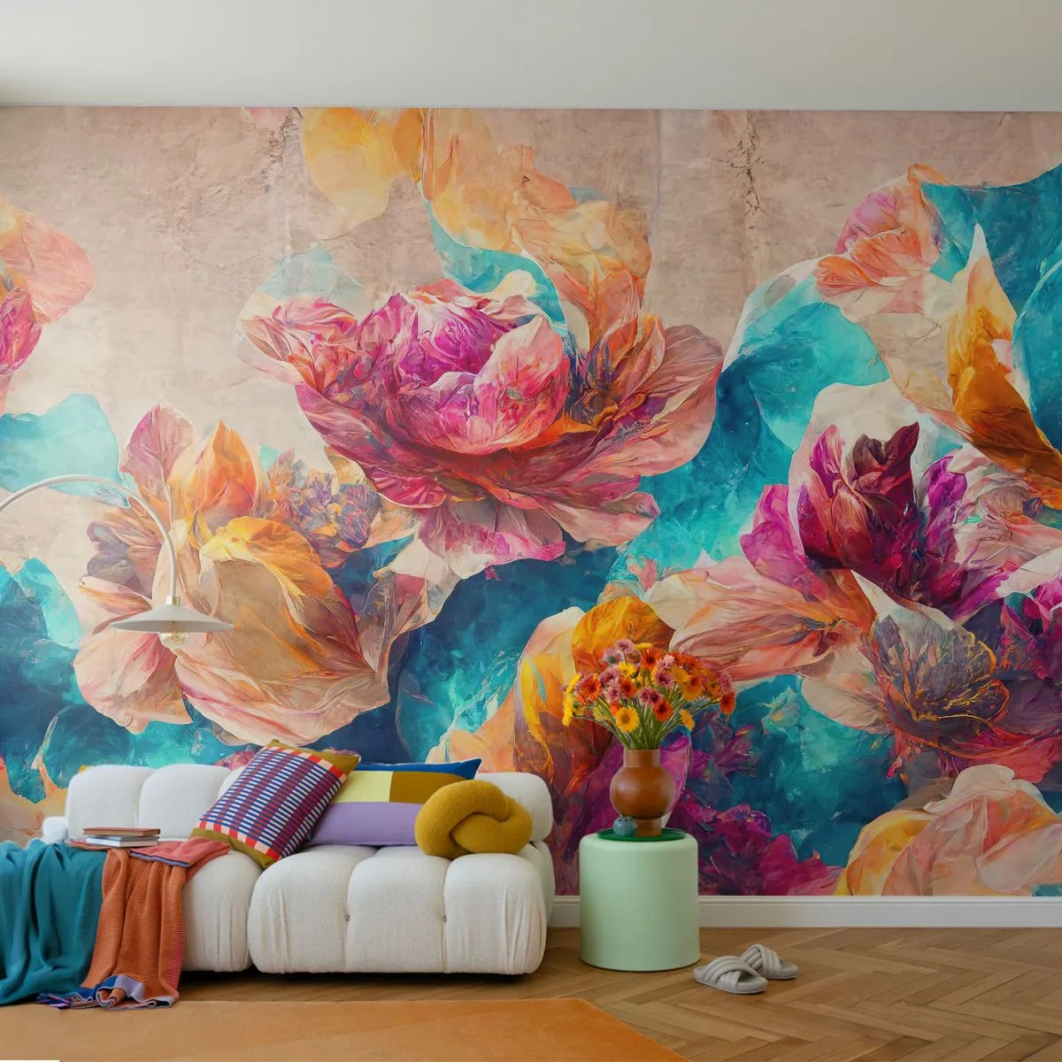Fototapeta Premium Sand - Kolorowe kwiaty na tle turkusowej abstrakcji - 100x70cm - Barwny przepych bukietu - Nowoczesna dekoracja ścienna do salonu, kuchni i sypialni ARTTOR