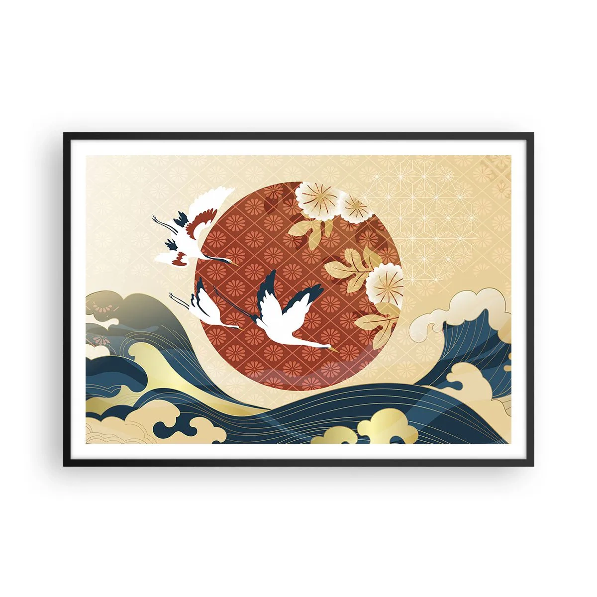 Plakat w czarnej ramie - Japońska kompozycja z żurawiami i falami - 100x70cm - Japońska baśń - Nowoczesna dekoracja ścienna do salonu i sypialni ARTTOR