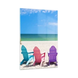 Obraz na szkle - Kolorowe leżaki na plaży z widokiem na morze - 80x120cm - Tęczowa plaża - Nowoczesna dekoracja ścienna do salonu i sypialni ARTTOR