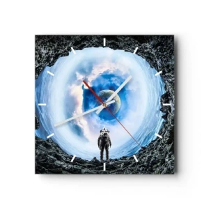 Zegar ścienny - Astronauta na tle kosmicznego pejzażu z Ziemią - 30x30cm - Już niedaleko do domu - Nowoczesna dekoracja ścienna do salonu i sypialni ARTTOR