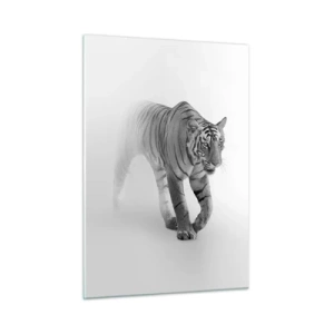 Obraz na szkle - Tygrys kroczący w mgle, z subtelnym rozmyciem w tle - 50x70cm - Przyczajony we mgle - Nowoczesna dekoracja ścienna do salonu, kuchni i sypialni ARTTOR