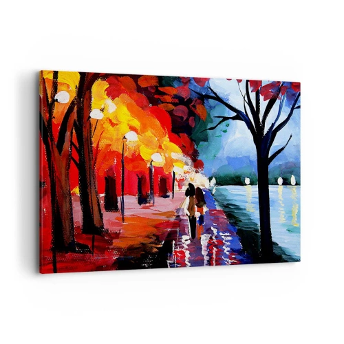 Obraz na płótnie - Jesienny spacer alejką z widokiem na wodę - 120x80cm - Płomienna jesień w parku - Nowoczesna dekoracja ścienna do salonu, kuchni i sypialni ARTTOR