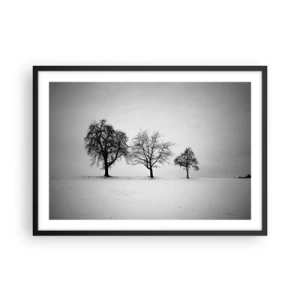 Plakat w czarnej ramie - Trzy drzewa na zaśnieżonym polu w monochromatycznym stylu - 70x50cm - O czym śnią? - Nowoczesna dekoracja ścienna do salonu i sypialni ARTTOR