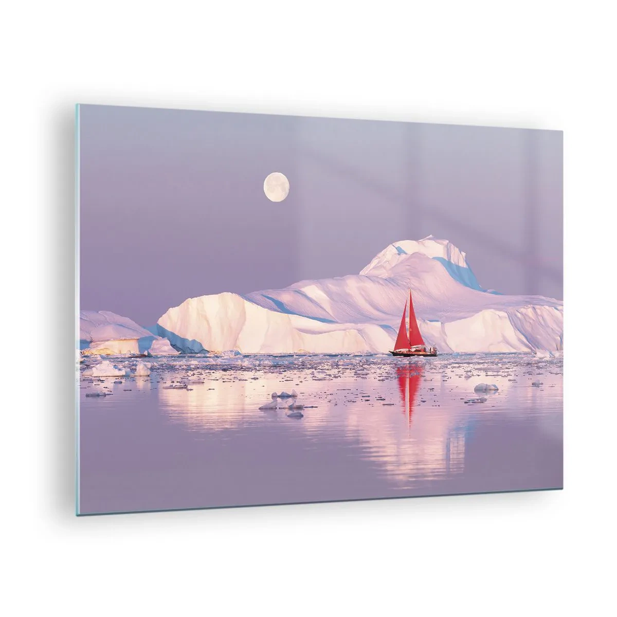 Obraz na szkle - Żaglówka na tle lodowców w świetle księżyca - 70x50cm - Żar żagla, chłód lodu - Nowoczesna dekoracja ścienna do salonu i sypialni ARTTOR