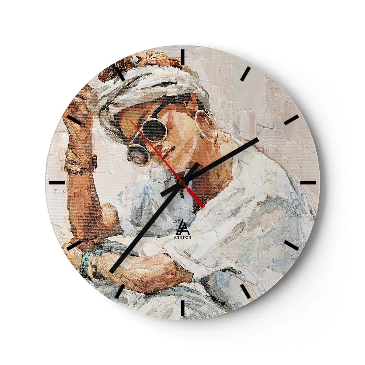 Zegar ścienny - Portret kobiety w okularach słonecznych namalowany impastem - 30x30cm - Portret w pełnym słońcu - Nowoczesna dekoracja ścienna do salonu, kuchni i sypialni ARTTOR
