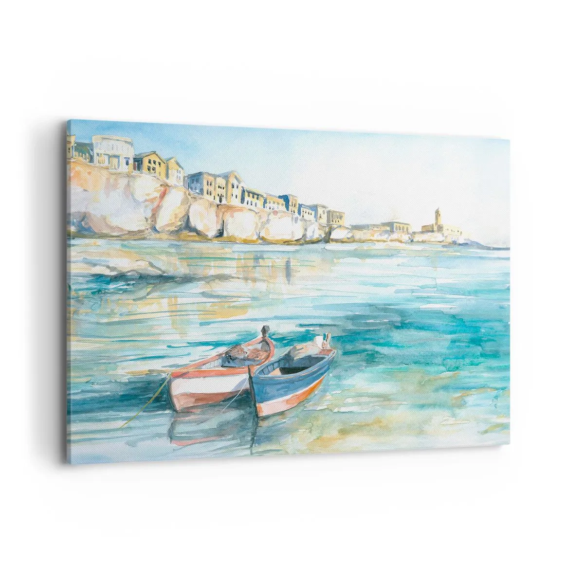 Obraz na płótnie - Malowniczy krajobraz nadmorski z łodziami na wodzie - 120x80cm - Pejzaż w lazurze - Nowoczesna dekoracja ścienna do salonu, kuchni i sypialni ARTTOR