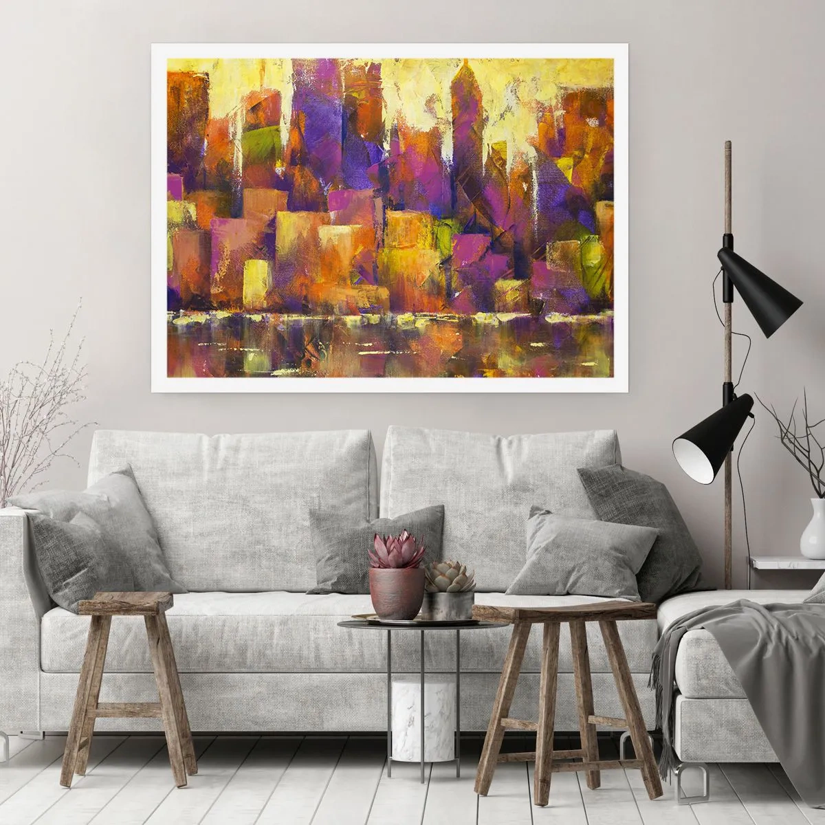 Plakat - Abstrakcyjna kompozycja metropolii w odcieniach żółci i fioletu - 100x70cm - Kompozycja metropolitalna - Nowoczesna dekoracja ścienna do salonu i sypialni ARTTOR