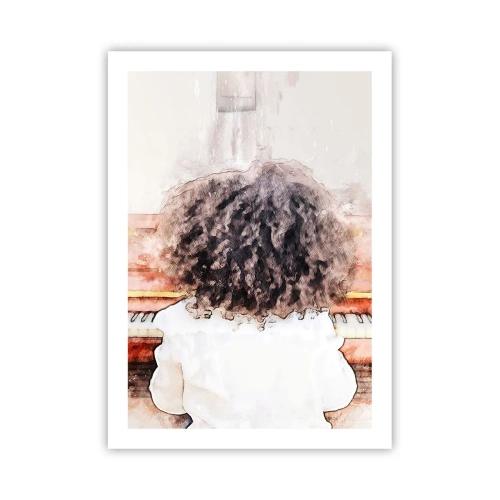 Plakat - Dziecko z bujnymi lokami grające na pianinie w akwarelowym stylu - 50x70cm - W nowym świecie - Nowoczesna dekoracja ścienna do salonu, kuchni i sypialni ARTTOR