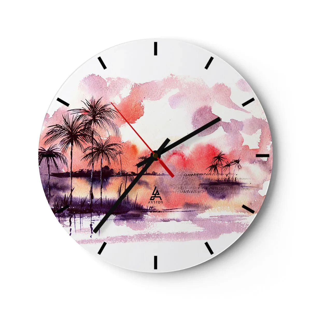 Zegar ścienny - Akwarelowy krajobraz z palmami o zachodzie słońca - 30x30cm - Spokój tropików w czerwieni - Nowoczesna dekoracja ścienna do salonu, kuchni i sypialni ARTTOR