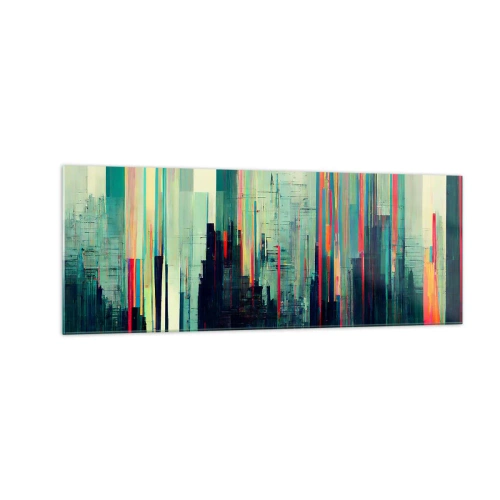 Obraz na szkle - Abstrakcja z pionowymi liniami i miejską panoramą - 140x50cm - Futurystyczne miasto - Nowoczesna dekoracja ścienna do salonu i sypialni ARTTOR