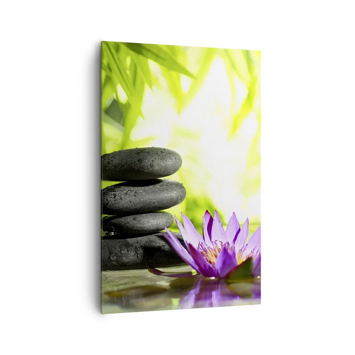 Obraz na płótnie - Stos kamieni zen i kwiat lotosu na tle bambusowych liści - 80x120cm - W bambusowym chruśniaku - Nowoczesna dekoracja ścienna do salonu i sypialni ARTTOR