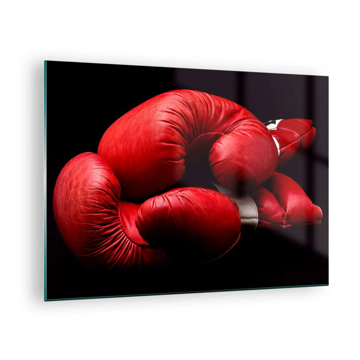 Obraz na szkle - Czerwone rękawice bokserskie na czarnym tle - 70x50cm - Emocje walki za nami - Nowoczesna dekoracja ścienna do salonu i sypialni ARTTOR