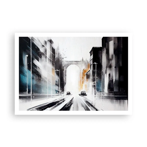 Plakat - Abstrakcyjna panorama miasta z łukowym mostem - 100x70cm - Studium miasta: architektura i ruch - Nowoczesna dekoracja ścienna do salonu i sypialni ARTTOR