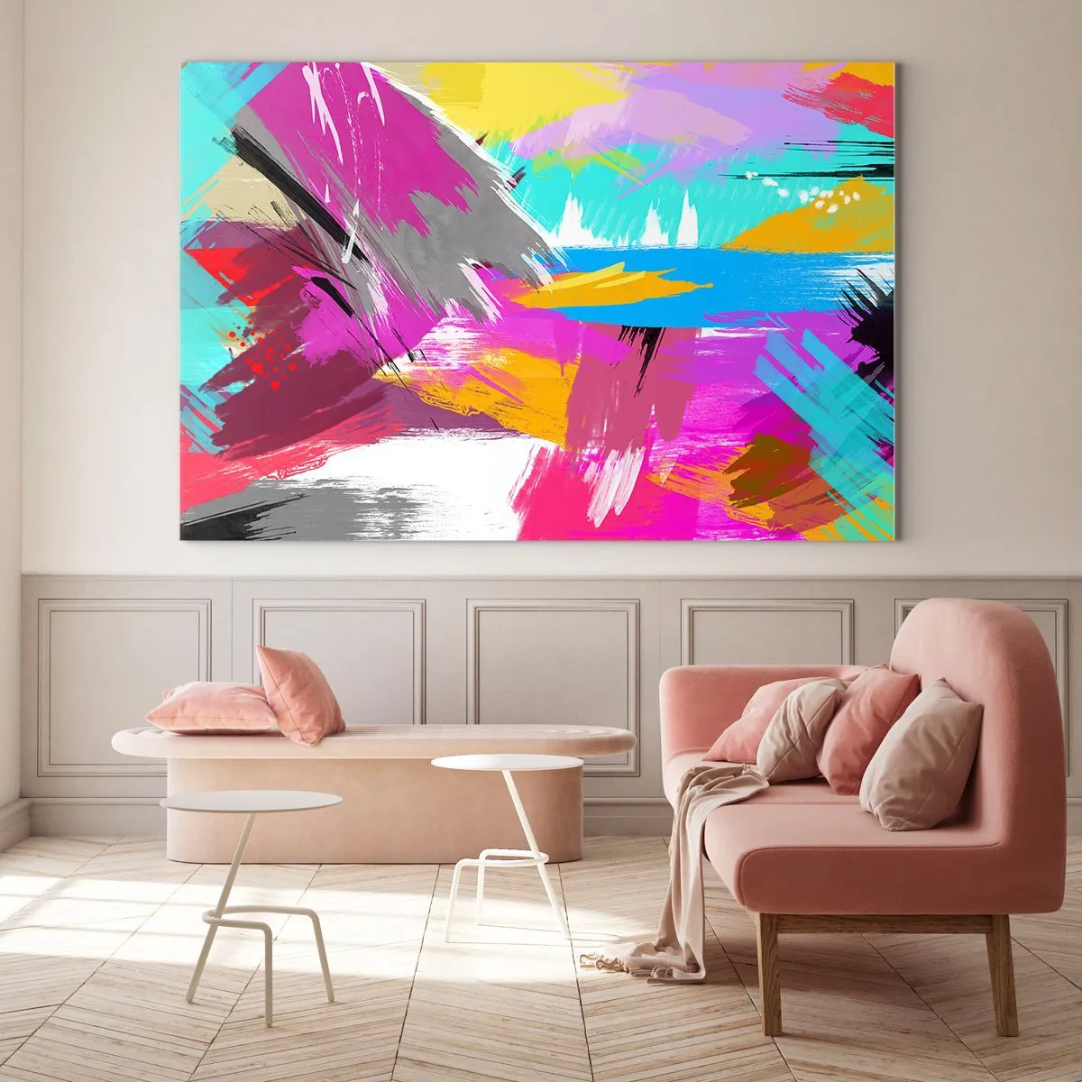 Obraz na szkle - Kolorowa abstrakcja z dynamicznymi pociągnięciami pędzla - 70x50cm - Maz, maz, maz jeszcze raz - Nowoczesna dekoracja ścienna do salonu i sypialni ARTTOR